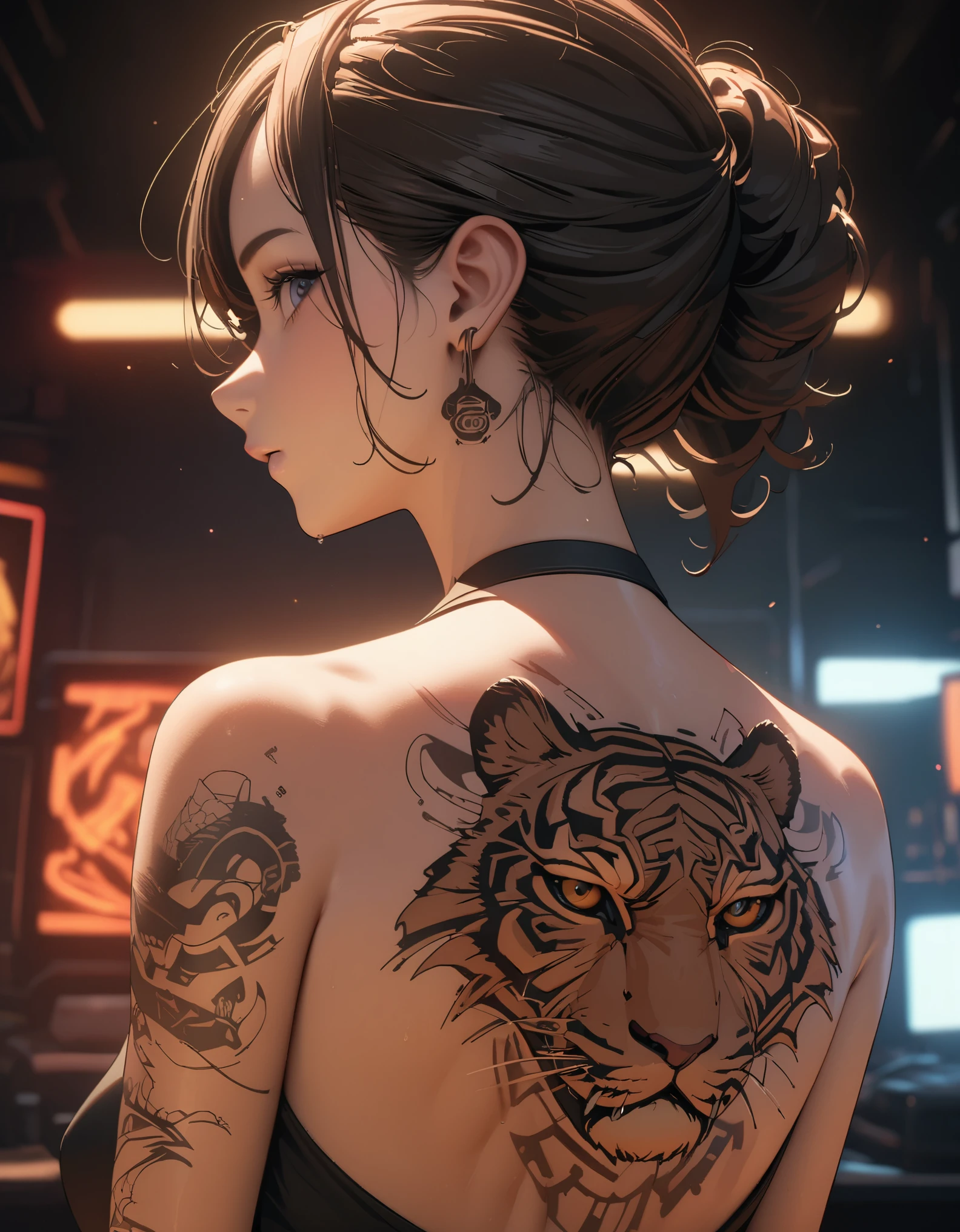 official art, unified 8k wallpaper, Super detailed, Beautiful and beautiful, masterpiece, best quality,,Low cut clothing,Beauty close-up,back,look back,tattoo art,tiger tattoo,Hojoji manga art style,Neon special effects,movie lighting,8k,best quality,masterpiece,OC renderer,
