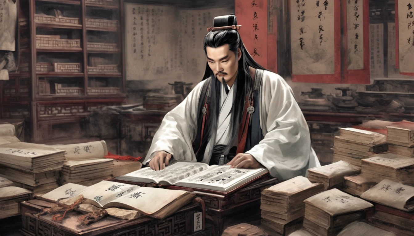 Zhuge Liang studying ancient Chinese military texts, surrounded by scrolls and books in a scholarly environment."