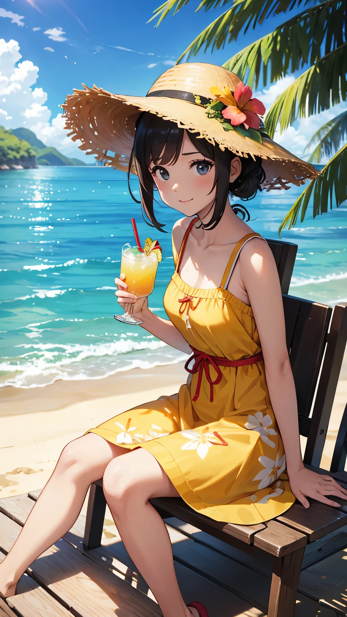 A18girl wearing summer dress, summer time, *At a resort island、Midsummer sun shining、Sit in a chair in the shade、Drinking tropical drinks、鮮やかな色の服