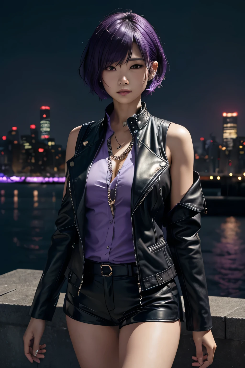 (1girl:1.3),solo,__body-parts__, official art, 8k unit wallpaper, ultra detailed, close-up on face, beautiful and aesthetic, gorgeous, masterpiece, best quality, fantastic atmosphere, calming palette, quiet mood, soft shading, priestess Miko, charm spell, family talisman, priestess duties, dark aesthetic, suit and tie with black leather shorts with many chains around the body and a black leather jacket,  Tokyo city in the background, (messy short purple hair),