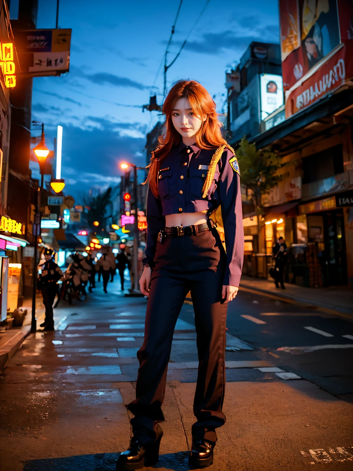 (1 lady), (Best quality at best:1.4), (ultra - detailed), (extremely detailed CG unified 16k), A Beautiful Woman with Perfect Figure: 1.4, Sharp Focus: 1.2, very detailed, High-definition RAW color photo, professional photoshooting, amazing face and eyes, cosmetics, (amazingly beautiful girl), ((asuka)), NOT Dasha Taran, ((police uniform, whole body police uniform, long sleeves blue navy shirt, police uniform blue navy pants)), standing, sexyposture,(Dark and stylish urban landscape, city lights, city lights:1.3), (look from down), realistic cinematic face, head to feet long wide zoomed out view, full body long view, photorealistic, ((realistic natural orange redhair style, blue eyes, long hair)), gorgeous, extremely beautiful face, perfect model beauty, pout mouth, Highly Detailed Face and Skin Texture, Detailed Eyes, Double Eyelids, Medium Breasts, Smile, cleavages, western, (masterpiece), best quality, high resolution, extremely detailed, blurred background, depth of field, cinematic lighting, amazing legs, combat boots, clear and well-cared skin, (((woman occupies most of the picture))), (photorealistic colors, photography colors)