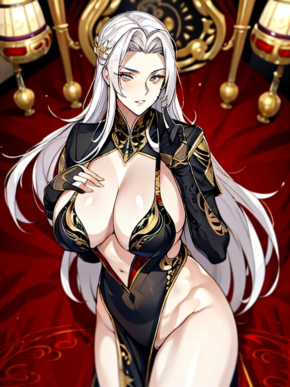 masterpiece: 1.2, (best quality), realistic, (real image, intricate details, 1 age girl in her early 30s, depth of field), (1 girl, solo), makeup, parted lips, highly detailed , perfect face, (above average breasts: 2.0), (skindentation), natural thighs, hips in proportion to the body, attractive waist, high and shiny coral lips, moderate musculature, (long white hair: 1.2), (beautiful bright gold eyes), attractive, imposing, inspiring, wearing pure black dress, Chinese oriental style dress, posing alone facing the viewer, background setting in Chinese oriental pavilion.