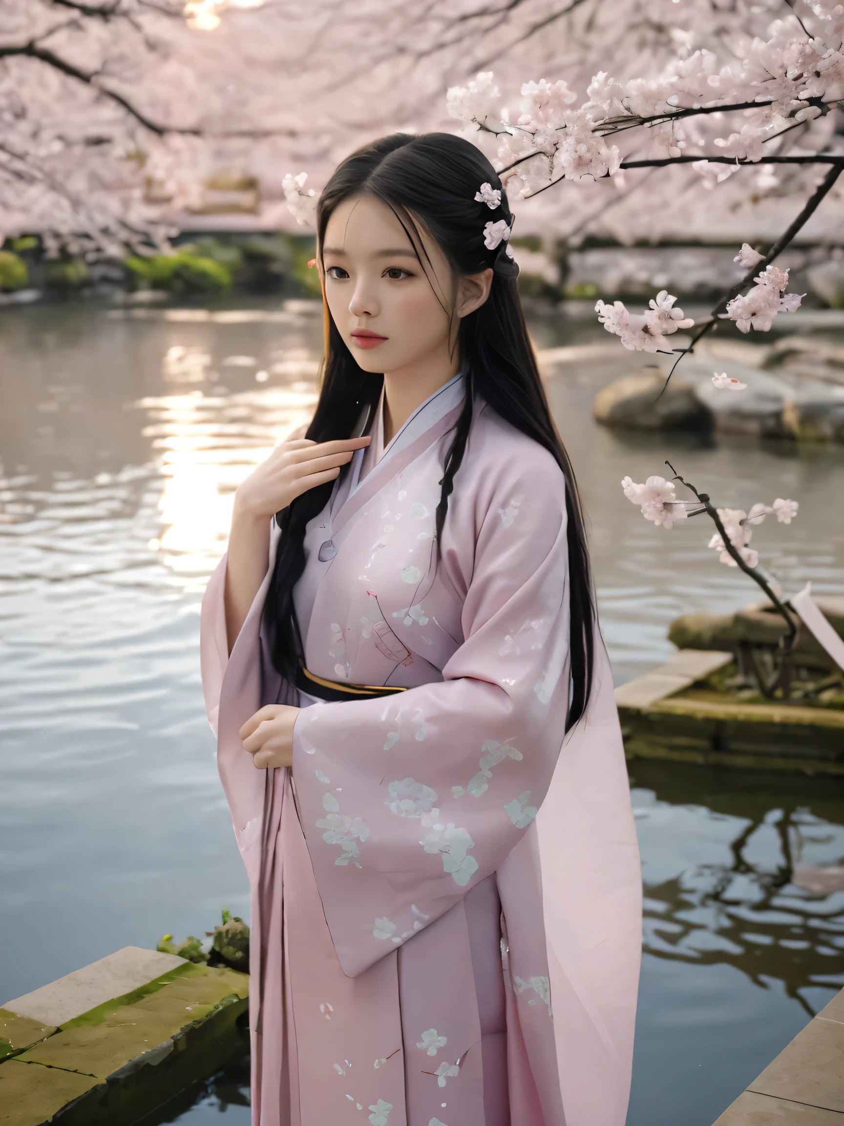 A beautiful Chinese girl with a serene and ethereal presence, dressed in a traditional hanfu that drapes gracefully around her. The hanfu is a soft, pale pink with delicate embroidery of cherry blossoms and birds, symbolizing beauty and harmony. Her long hair is styled in an intricate braid, adorned with small blossoms. She stands by a tranquil koi pond in a traditional garden, with the gentle sound of flowing water and the soft light of the setting sun creating a peaceful and harmonious atmosphere