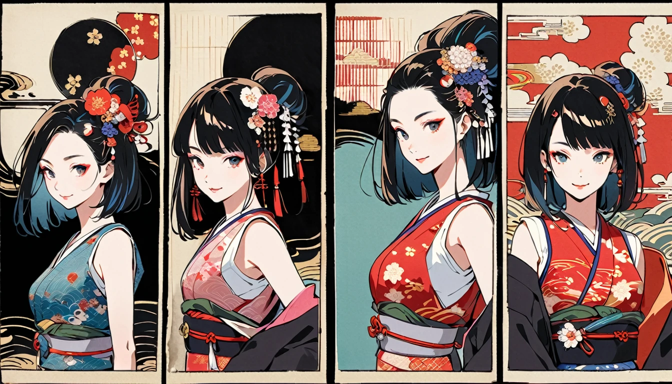 (((Ink Painting))), Fashion portrait color photos, (((twins))), (((Japanese pattern tank top))), (((Very flashy hair accessories))), (((Very flashy makeup))), Japanese style headphones, smile, front view, Japan人の美少女, Black Hair, Delicate and precise, Modern ukiyo-e style,Japan, Japanese flag