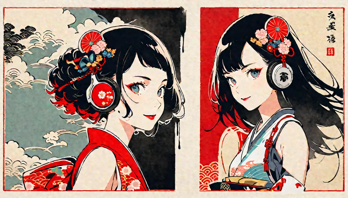 (((Ink Painting))), Fashion portrait color photos, (((twins))), (((Japanese pattern tank top))), (((Very flashy hair accessories))), (((Very flashy makeup))), Japanese style headphones, smile, front view, Japan人の美少女, Black Hair, Delicate and precise, Modern ukiyo-e style,Japan, Japanese flag