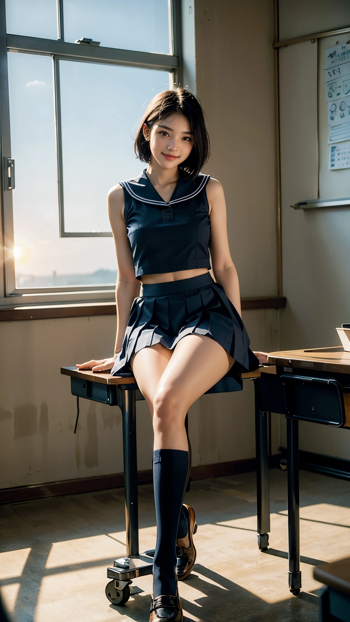 Highest quality, masterpiece, Ultra-high resolution,8k, (Realistic:1.6), (Portrait of a school classroom illuminated by the setting sun:1.4)),((Sitting at a desk and chatting)),Slim Body,((Brainstorming Photo:1.2)),RAW Photos,((Smiling with teeth showing)),((Navy blue sailor suit,mini skirt,Below the knee socks)),((Cute face)),Slim 18 year old adult female ,((Jet black straight short hair)),Face Focus:1.4,