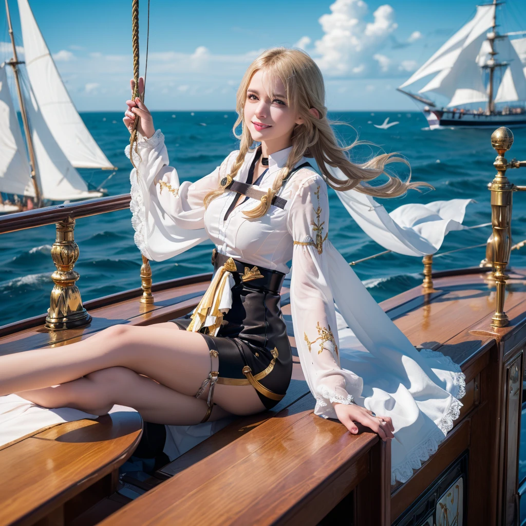 (((masterpiece, Highest quality, High resolution, Attention to detail)))), ((((Fantasy))), One, (Elf Woman)))), (White short skirt with gold embroidery), (Long straight blonde hair), (Shiny dark green eyes), (White frilly blouse with gold embroidery), big, (((On the deck of a sailing ship at sea)), (Vast ocean))), (The sky with clouds)), (( Seagulls flying in the sky)), smile, (Wind), Particles of light flying
