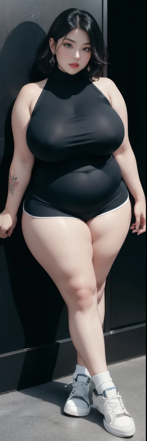 ((best quality)), ((masterpiece)), (detailed), perfect face, Beautiful, mother-in-law, asian-Indonesian , voluptuous, wearing random clothes (formal), In the black room, seductive expression, chubby body, nice body, milf chubby, chinese-Indonesian. Full body, big arm, wide hips , wearing a sneakers, bob hairstyle, baby face , chubby cheeks, 35 year old, chubby tall woman, tattooed thighs , yakuza tattoos , big thighs, big armpits , chubby massive cheeks , thick neck, cold atmosphere, low light, wavy short haired, big breasts, showing her armpits , thick woman , turtleneck, thick woman . Full body, wearing shorts pants 