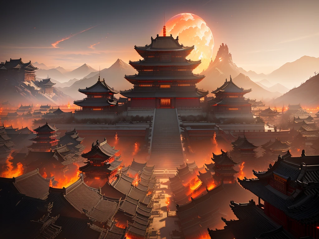There is a building,There are many burning flames in the sky, An ancient city engulfed in fire, Beautiful rendering of the Tang Dynasty, Cyberpunk Chinese Ancient Castle, Temple Background, Unreal Engine fantasy art, sekiro mountain, Three Kingdoms of China, Unreal Engine 5 Digital Art, Inspired by Ma, Unreal Engine 5 Environment, Onmyoji, Unreal Engine 5 Rendering Dramatic Effects