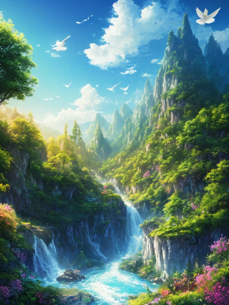 masterpiece, 最high quality, high quality,Very detailed CG unity 8k wallpaper, Enchanting and dreamy fantasy forest scenery, Seven-Colored Garden, Valley of the Fairies with a River Flowing Through It, Mysterious and fascinating, Sky Blue Sky, White dove flies, Complex, sunset, pastel colour, Award-winning photography, Written boundary depth, High resolution, bloom, chromatic aberration ,Realistic,Very detailed, White cloud, Trending on CGSociety, Complex, Attention to detail, dramatic, art：The middle of a journey
