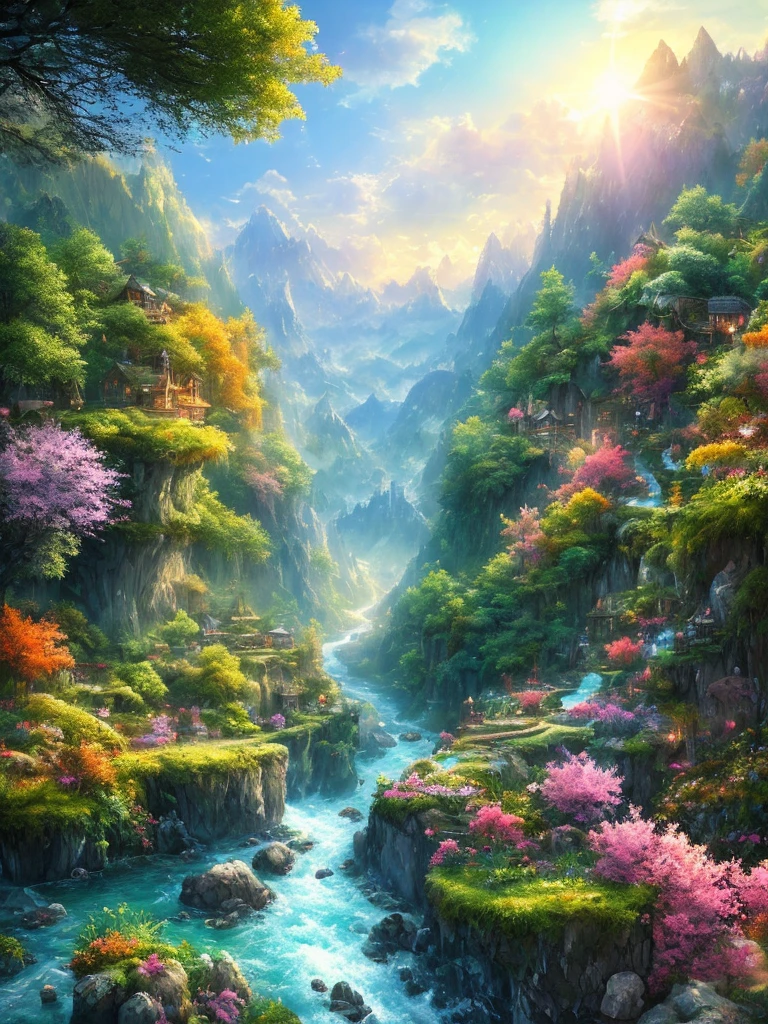 masterpiece, 最high quality, high quality,Very detailed CG unity 8k wallpaper, Enchanting and dreamy fantasy forest scenery, Seven-Colored Garden, Valley of the Fairies with a River Flowing Through It, Mysterious and fascinating, Sky Blue Sky, White dove flies, Complex, sunset, pastel colour, Award-winning photography, Written boundary depth, High resolution, bloom, chromatic aberration ,Realistic,Very detailed, White cloud, Trending on CGSociety, Complex, Attention to detail, dramatic, art:The middle of a journey