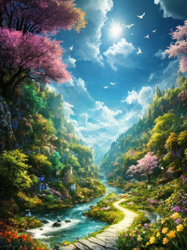 masterpiece, 最high quality, high quality,Very detailed CG unity 8k wallpaper, Enchanting and dreamy fantasy forest scenery, Seven-Colored Garden, Valley of the Fairies with a River Flowing Through It, Mysterious and fascinating, Sky Blue Sky, White dove flies, Complex, sunset, pastel colour, Award-winning photography, Written boundary depth, High resolution, bloom, chromatic aberration ,Realistic,Very detailed, White cloud, Trending on CGSociety, Complex, Attention to detail, dramatic, art:The middle of a journey
