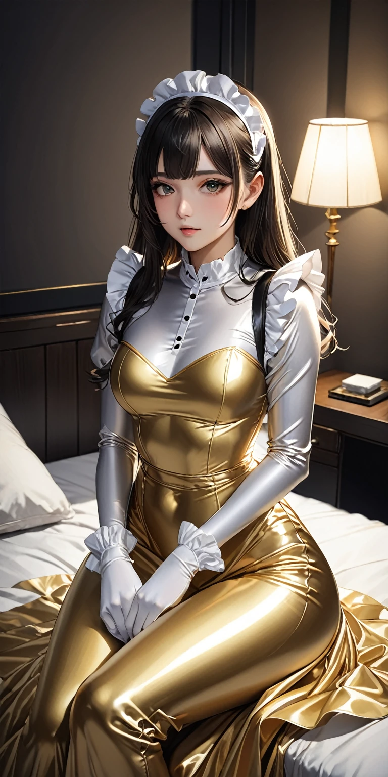 Portraiture、(masterpiece,Highest quality,Ultra-high resolution),Japanese women, (((Very beautiful 25 year old girl)))、(She is wearing a shiny gold satin long sleeve maid outfit.)、The dress has a simple design without any patterns...、The skirt is a long skirt with frills.、Satin Gloves、((Satin bodysuit))、Sitting on a bed in a dark room