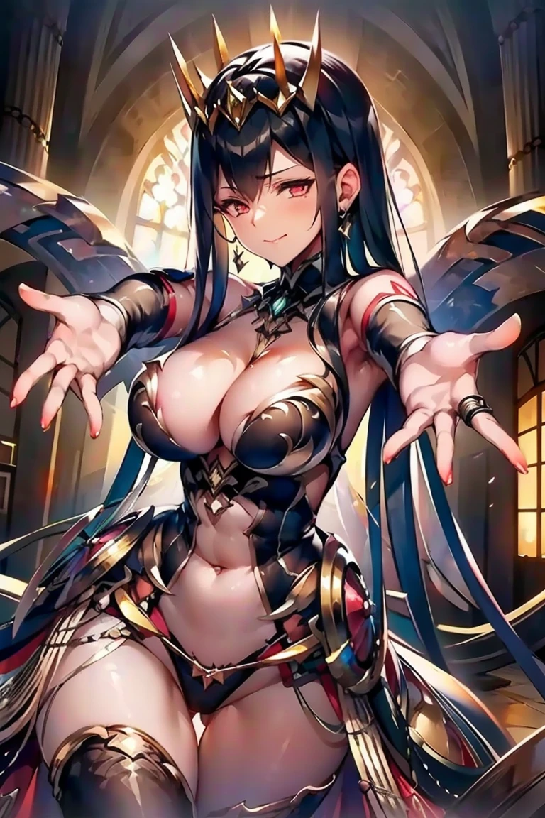 ((((((outstretched hands, out stretched fingers, outstretched arms)))))) black hair, bare shoulder, red eyes, very long hair, cleavage, large breasts, dress, showgirl skirt, high-leg, cleavage cutout, tiara, bare thighs, gauntlets, bare shoulder, spread fingers, bare fingers, bare hands, good hands, best hands, Correctly aligned fingers, extremely detailed hands and fingers, ultra detailed hands and fingers, super detailed hands and fingers, perfect hands and fingers, biologically accurate hands and fingers, (((4 fingers and 1 thumb accurate hands and fingers))), beautiful hands and fingers, hands and fingers drawing, human hand and fingers, perfect arrangement of fingers, detail focus hands, detail focus fingers, perfection hands, better hands, adult face, fearless face, (((both arms, two arms, both hands, two hands))), super fine illustration, masterpiece, masterwork, by famous artist, official art, ultra high res, best quality, high quality, Hand, detailed, perfect, perfection , hands, both hands is Thumb and index finger and middle finger and ring finger and little finger, even hands, panties, thighhighs, symmetrical bangs, gleaming skin, oil skin, shiny skin, wet skin, sweat, rouge, exquisite, beautiful, extremely detailed cg unity 8k wall paper, perfect face, ultra detailed beautiful face, perfect nose, perfect mouth, clear eyes, light eyes, perfect eyes, symmetrical eyes, even eyes, 16k portrait, absurdres, perfect body, perfect anatomy, perfect proportion, perfect arms, perfect torso, symmetrical hands, symmetrical arms, open arms for viewer, extremely detailed cg, beautiful artwork, production art, ultra quality, high quality, finely detailed, insanely detailed, absolutely resolution, raw photo, fantastic, amazing, beautiful portrait of cute anime girls, hdr, very aesthetic, cinematic, super detailed skin, top quality, intricate, professional quality, highly detailed, crisp quality, sharp focus, rich contrast, extremely high resolution, realistic hands,