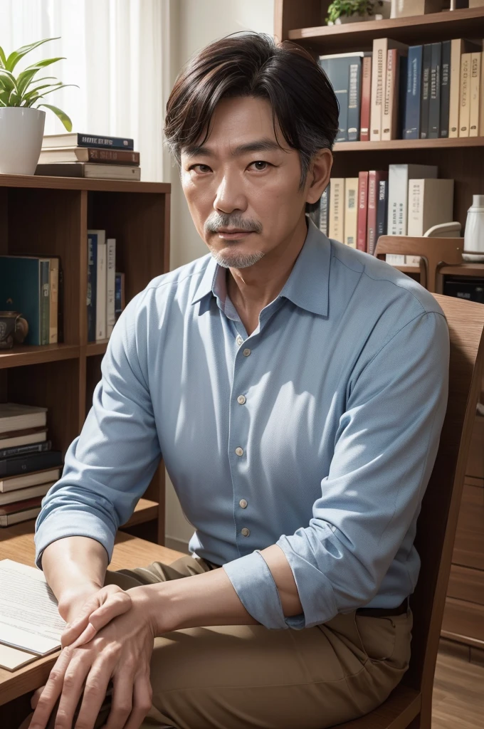 Image of an ultra realistic 55 year old South Korean man with a wiser face in the scene sitting in the office at home with a bookshelf with books and plants behind