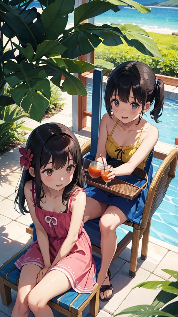Two Girls、12age、wearing summer dress, summer time, *At a resort island、Midsummer sun shining、Sit in a chair in the shade、Drinking tropical drinks、