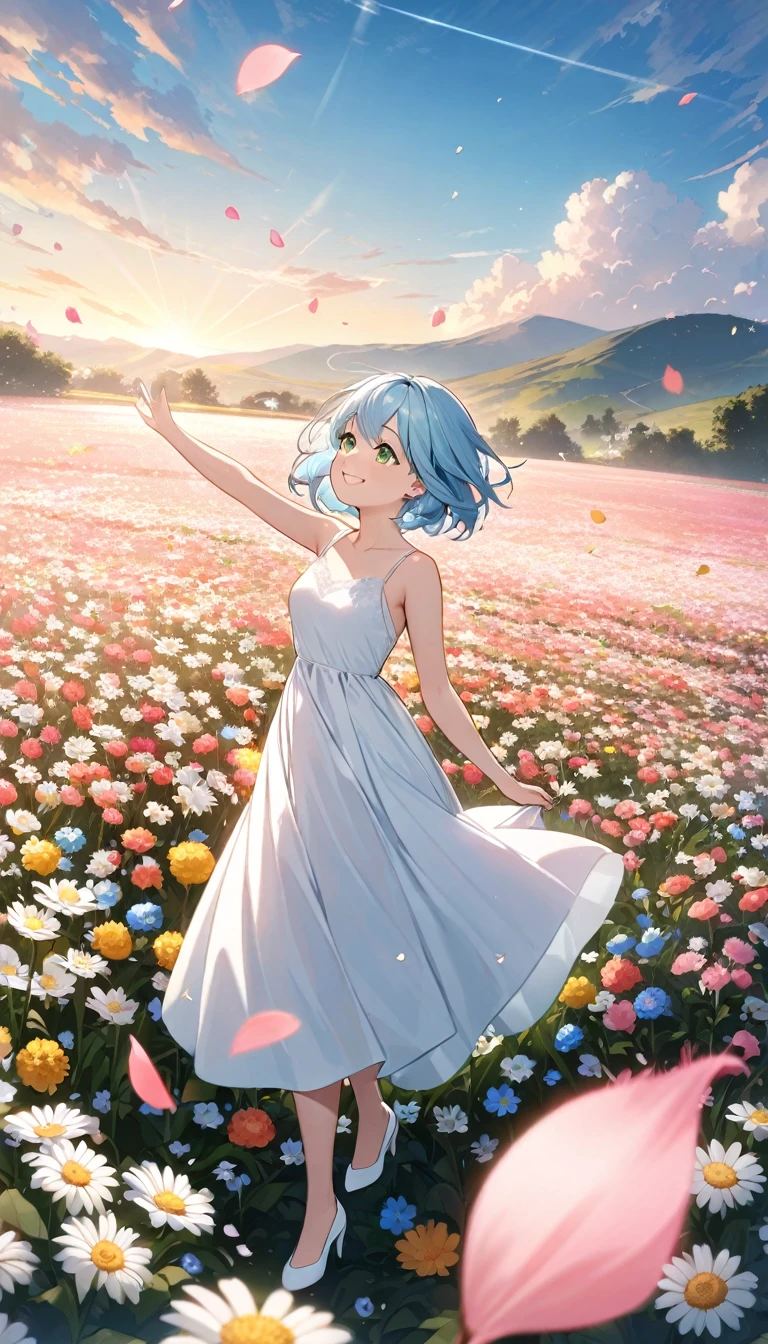 Highest quality、Light blue hair、Short Bob、Deep green eyes、Small breasts,25 years old,A flower field、Mr.々Kinds of flowers are blooming、Petals are dancing in the wind、White dress、Smiling and looking up at the sky。White pumps