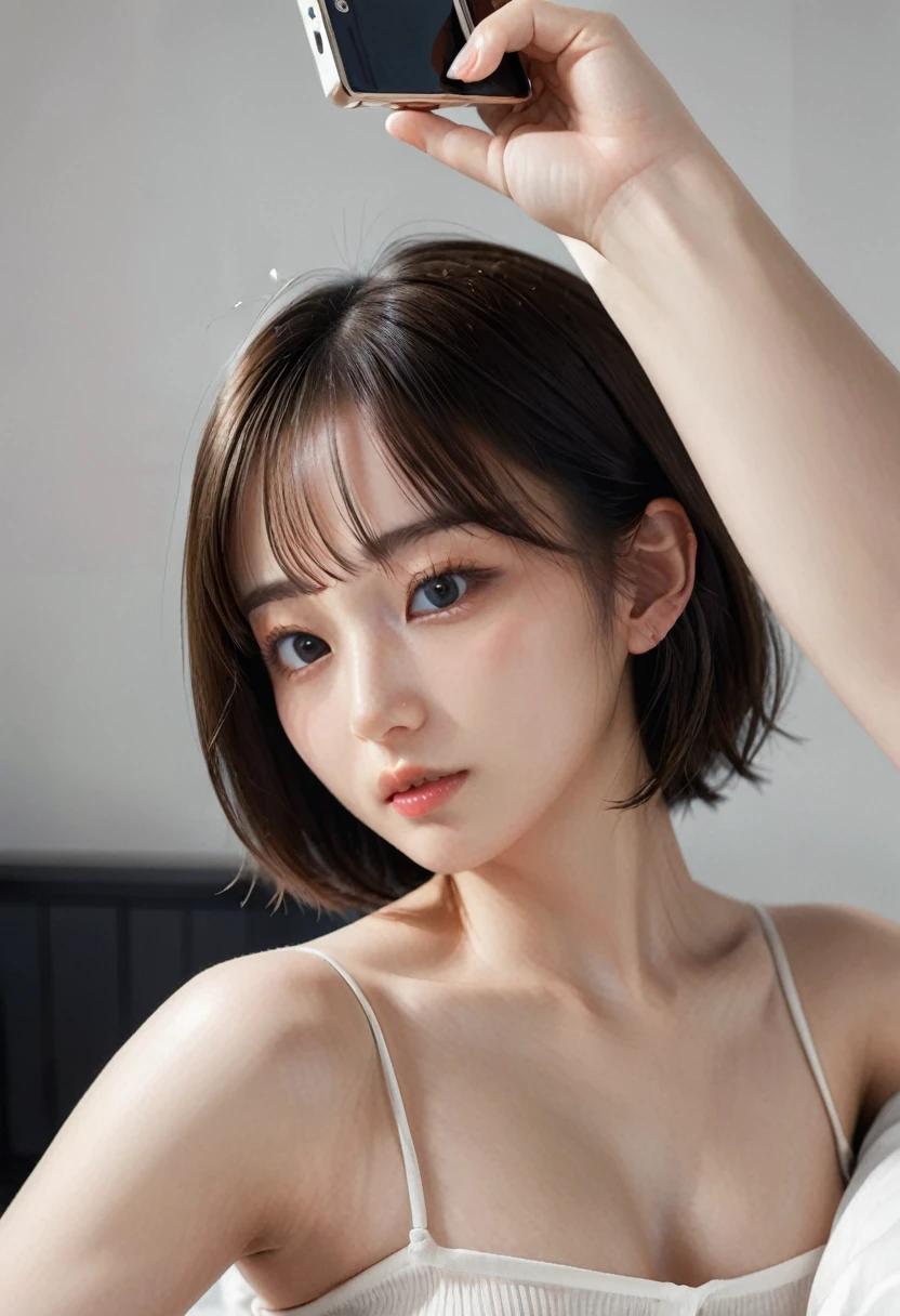photorealistic, Photography ,BREAK woman taking a (selfie:1.5) , (short hair), (see-through shirts), on the bed in simple bedroom , white background, BREAK, 8k , LAW , best-quality, masterpiece, hyper realistic detail shiny skin , natural shading , realistic shadow, BREAK (hyper realistic detail shiny skin, detailed skin, detailed hair, ultra sharpness, intricate details), perfect anatomy