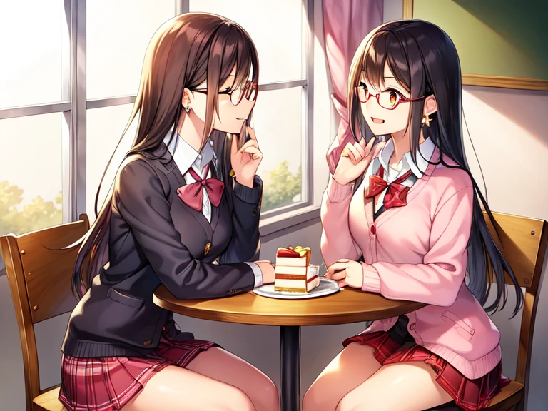 ((best quality, high resolution)), (delicate illustration), (pastelcolor style illustration:0.4), (watercolor style illustration:0.4), ((beautiful:1.3)), 4k,Perfect Anatomy,The girls are sitting across from each other at the table and chatting, Stylish cafe, sitting at the table, profile, above the knees, delicious, happy, cake on table, smile, open mouth, brown eyes are shining and cute,black hair,long hair,(red-rimless eyewear:1.2),star earrings,fabrous feminie softy breast, (school uniform, pink cardigan,collared white shirt, pink cardigan, checked pleated skirt, red tie), sleeves past wrists, white sneakers,tights,