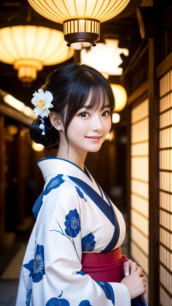 (Super beautiful woman in kimono)、((highest quality、8K masterpiece:1.3))、sharp focus:1.2、(super beautiful face:1.0)、(shiny skin:1.0)、realistic pictures、black hair、video lighting、High resolution eyes and face、video lighting、japanese actress、from the front、with a happy smile、whole body、wearing a kimono、in Kyoto、(luxury obi)、with a fan、Fireworks Display