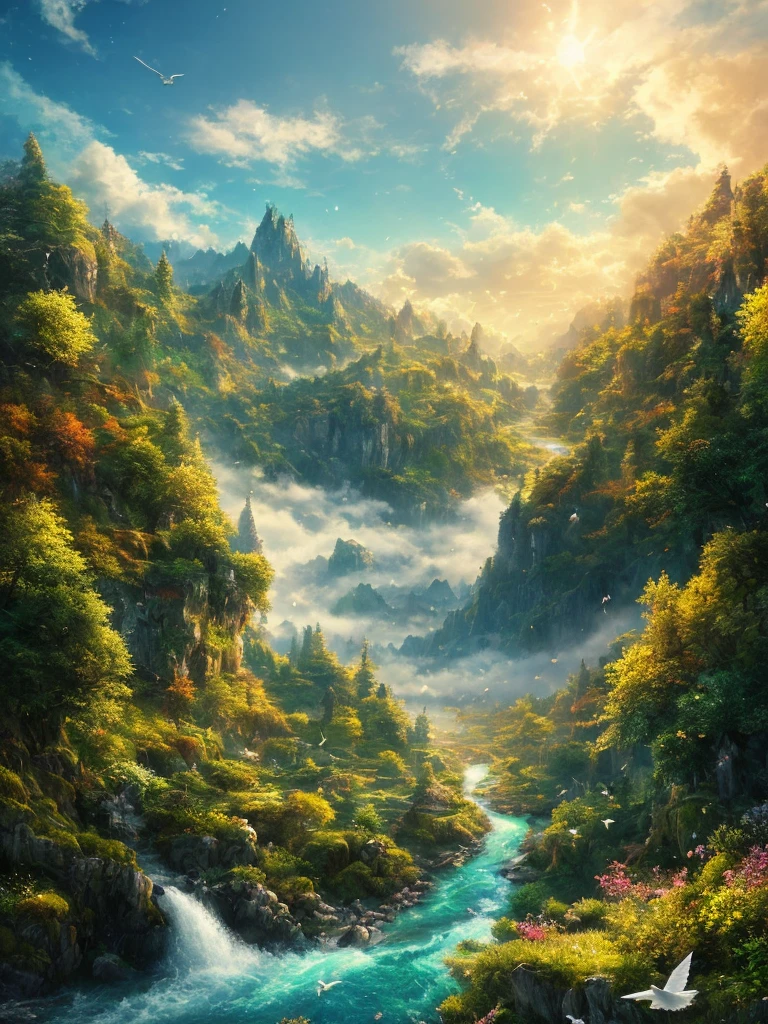 masterpiece, 最high quality, high quality,Very detailed CG unity 8k wallpaper, Enchanting and dreamy fantasy forest scenery, Seven-Colored Garden, Valley of the Fairies with a River Flowing Through It, Mysterious and fascinating, Sky Blue Sky, White dove flies, Complex, sunset, pastel colour, Award-winning photography, Written boundary depth, High resolution, bloom, chromatic aberration ,Realistic,Very detailed, White cloud, Trending on CGSociety, Complex, Attention to detail, dramatic, art：The middle of a journey