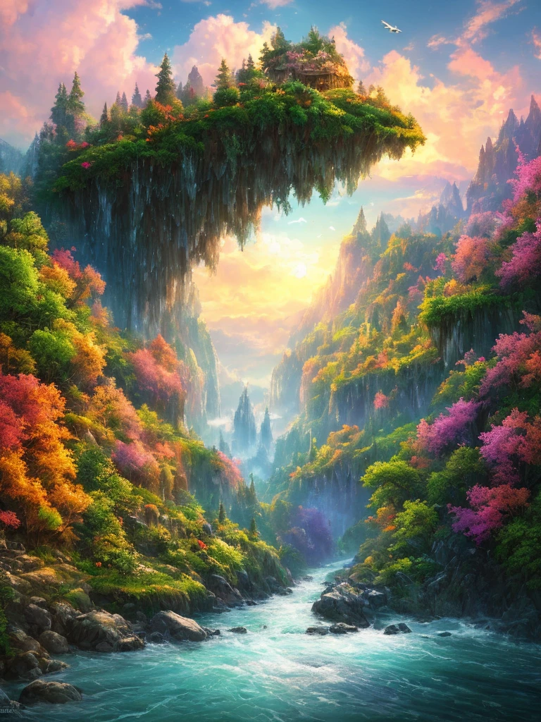 masterpiece, 最high quality, high quality,Very detailed CG unity 8k wallpaper, Enchanting and dreamy fantasy forest scenery, Seven-Colored Garden, Valley of the Fairies with a River Flowing Through It, Mysterious and fascinating, Sky Blue Sky, White dove flies, Complex, sunset, pastel colour, Award-winning photography, Written boundary depth, High resolution, bloom, chromatic aberration ,Realistic,Very detailed, White cloud, Trending on CGSociety, Complex, Attention to detail, dramatic, art:The middle of a journey