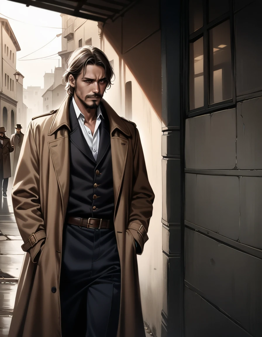 In a gritty, dimly-lit alleyway, a rugged middle-aged detective, sporting a scruffy beard and rumpled trench coat, stands tall, his worn eyes locked in a charged stare with the sultry femme fatale. Her porcelain skin glows like alabaster in the faint light, as she lets out a throaty laugh, sending a jolt through the air. The detective's flinched expression betrays his vulnerability, juxtaposed against the woman's effortless allure. A masterful study of contrasts, this image pulses with tension and desire, set against a backdrop of urban grime., masterpiece, Realistic, raw photo, incredibly absurd resolution, absolute resolution, super high resolution,16k