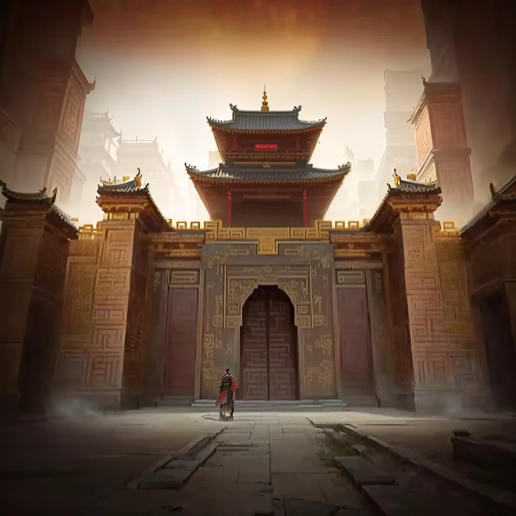 There is a building，There is a door in the middle, Depicting the background of the temple, Cyberpunk Chinese Ancient Castle, Temple Background, Beautiful rendering of the Tang Dynasty, Chinese Palace, Tang Dynasty Palace, film Silk Road landscape, Palace Background, Background artwork, fortress gateway, Cora Legend setting, Chinese Architecture, G Liulian art style, Song