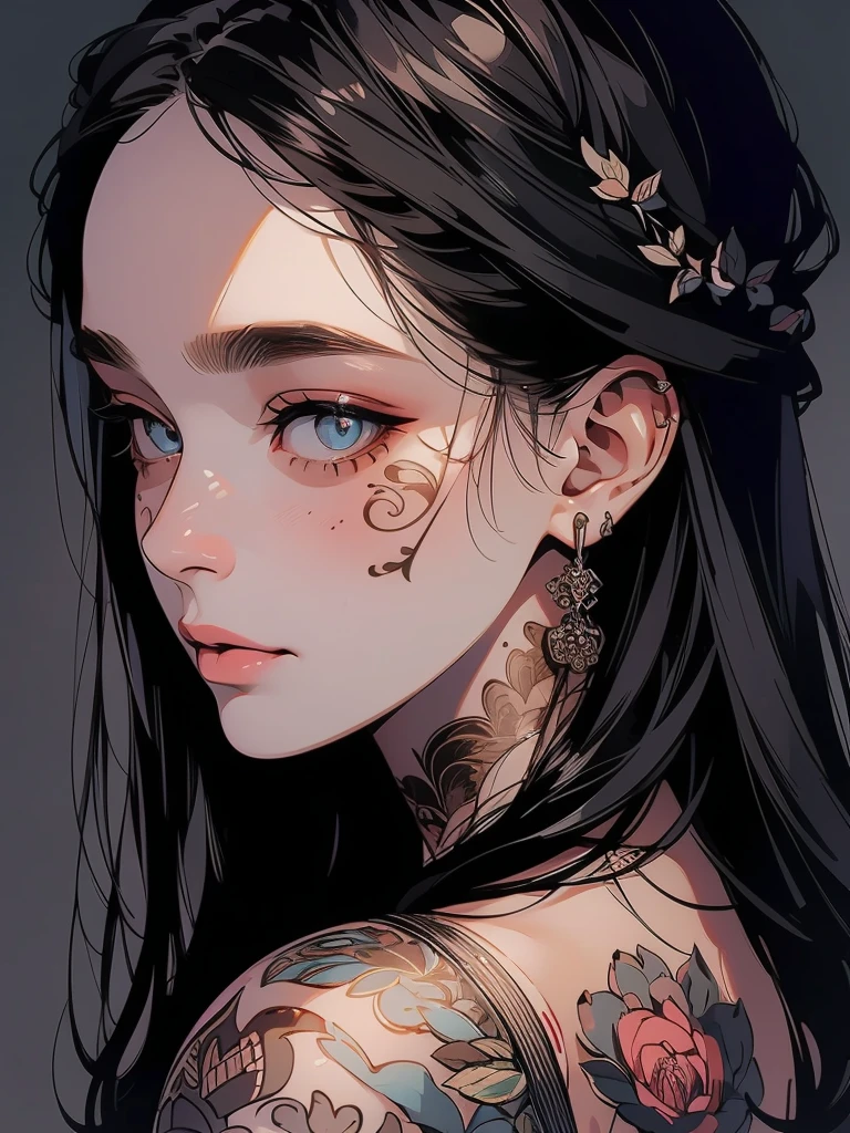 realistic portrait of a woman, intricate floral tattoos on her back, delicate skin, beautiful detailed eyes, beautiful detailed lips, extremely detailed face and skin, long eyelashes, flowing dark hair, serene expression, natural lighting, cinematic composition, high contrast, warm color palette, (best quality,8k,highres,masterpiece:1.2),ultra-detailed,(realistic,photorealistic:1.37)