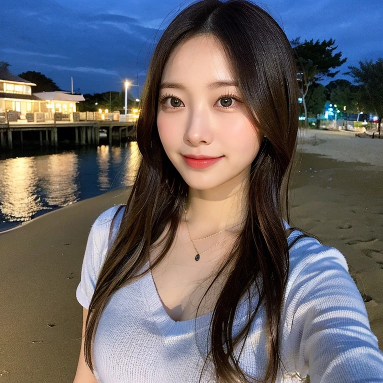 (masterpiece)), ((Highest quality)), ((Genuine)), ((8k)), 1 girl, Wide range、Looking down、Japanese, 24-years-old, so beautiful, cute, model, whole body, thin, model, ソニー一眼レフphotograph, blonde, Long Hair, ,smile, background Genuineistic, photograph,beach、night、Gazing into the distance