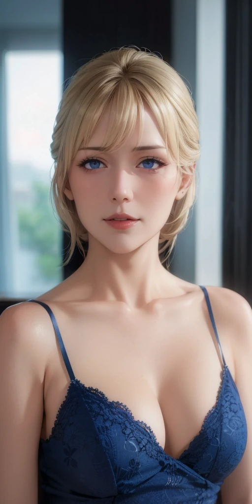 Elegant mature woman, milf, blue eyes, blonde hair, soft light, high detailed, 4k resolution, high quality, beautiful cg, 