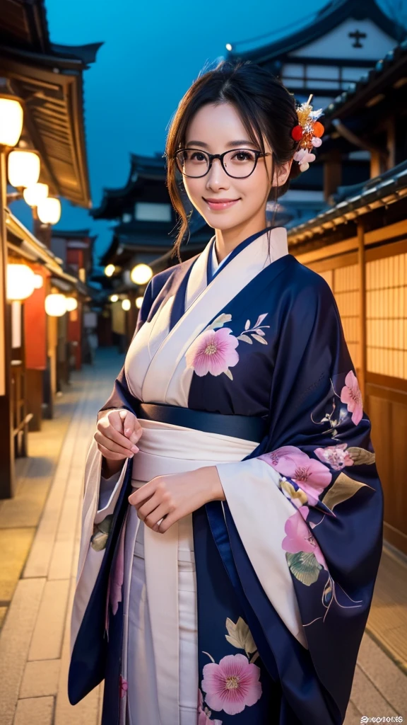 (Super beautiful woman in kimono)、((highest quality、8K masterpiece:1.3))、sharp focus:1.2、(super beautiful face:1.0)、(shiny skin:1.0)、realistic pictures、black hair、video lighting、High resolution eyes and face、video lighting、japanese actress、from the front、big breasts、with a happy smile、Slender abs beauty、whole body、wearing a kimono、in Kyoto、(((luxury obi)))、In Kyoto at night、wearing glasses with no edge、with a fan、Fireworks Display