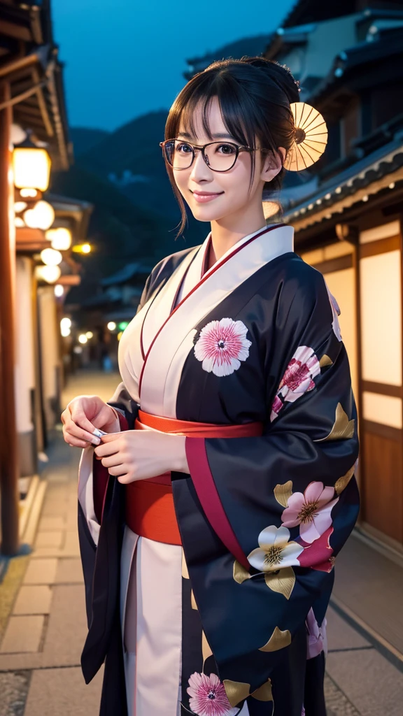 (Super beautiful woman in kimono)、((highest quality、8K masterpiece:1.3))、sharp focus:1.2、(super beautiful face:1.0)、(shiny skin:1.0)、realistic pictures、black hair、video lighting、High resolution eyes and face、video lighting、japanese actress、from the front、big breasts、with a happy smile、Slender abs beauty、whole body、wearing a kimono、in Kyoto、(((luxury obi)))、In Kyoto at night、wearing glasses with no edge、with a fan、Fireworks Display