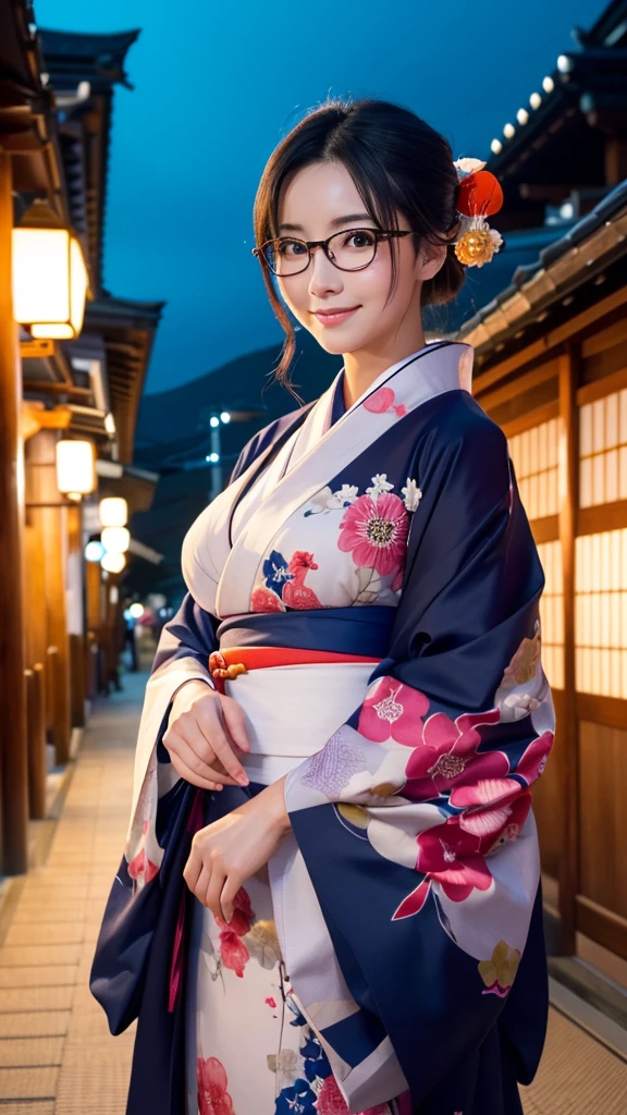 (Super beautiful woman in kimono)、((highest quality、8K masterpiece:1.3))、sharp focus:1.2、(super beautiful face:1.0)、(shiny skin:1.0)、realistic pictures、black hair、video lighting、High resolution eyes and face、video lighting、japanese actress、from the front、big breasts、with a happy smile、Slender abs beauty、whole body、wearing a kimono、in Kyoto、(((luxury obi)))、In Kyoto at night、wearing glasses with no edge、with a fan、Fireworks Display