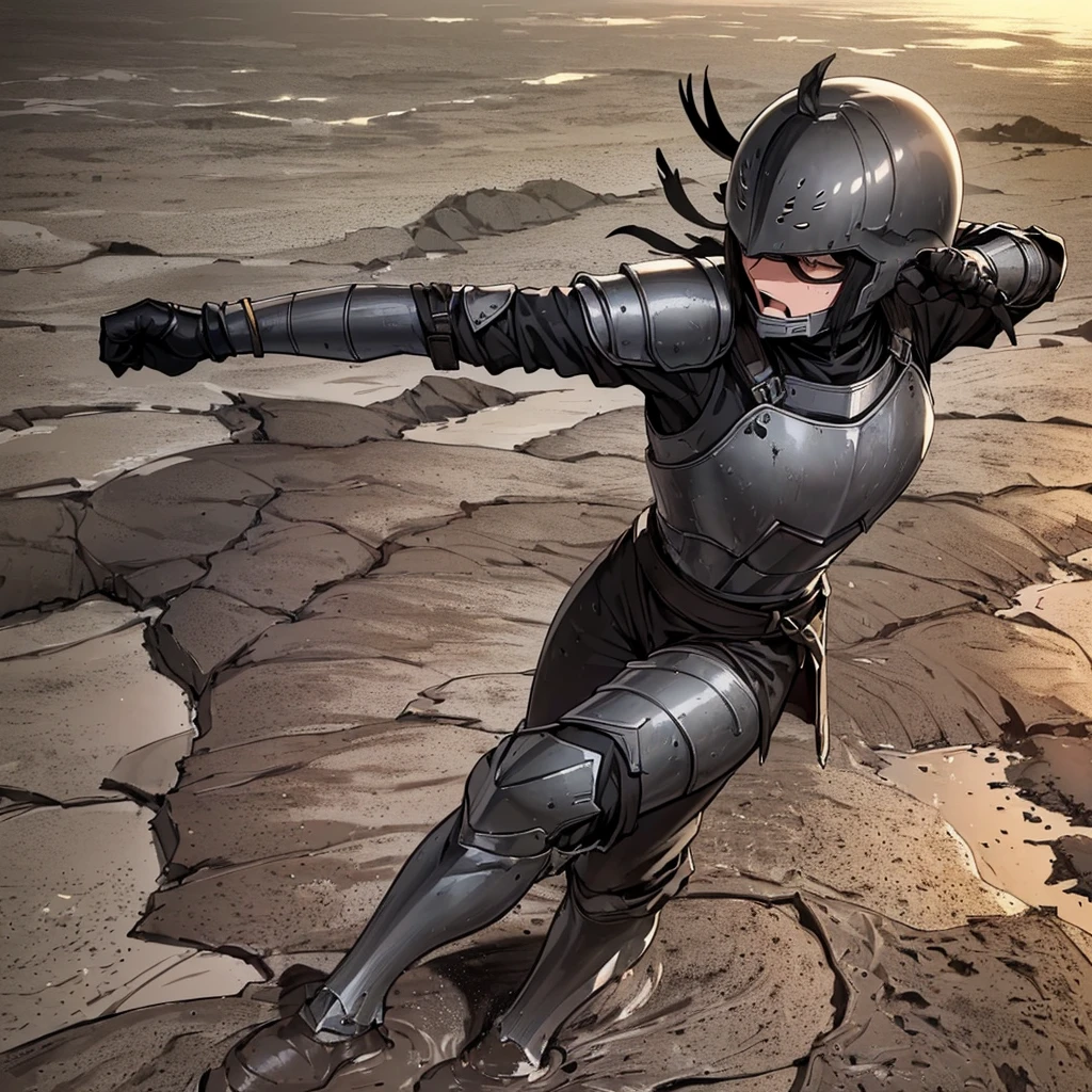 Best illustrations、Best Quality、(((Gray simple armor、Black trousers、Black gloves、Short Hair、Black Hair、20 year old man、Iron Helmet、Iron helmet)))、(((Fighting Pose)))、(Old ruins、desert。Grass)、(Masked Knight、20 people)、(Black, sludgy water)、(Medieval Knight)、(Close your eyes、get annoyed、Open your mouth、Get angry、Sweat)、battlefield、(From the side)、((((Sea of mud、Black Sea、In the mud、Muddy))))、In the water、filled、deep sea