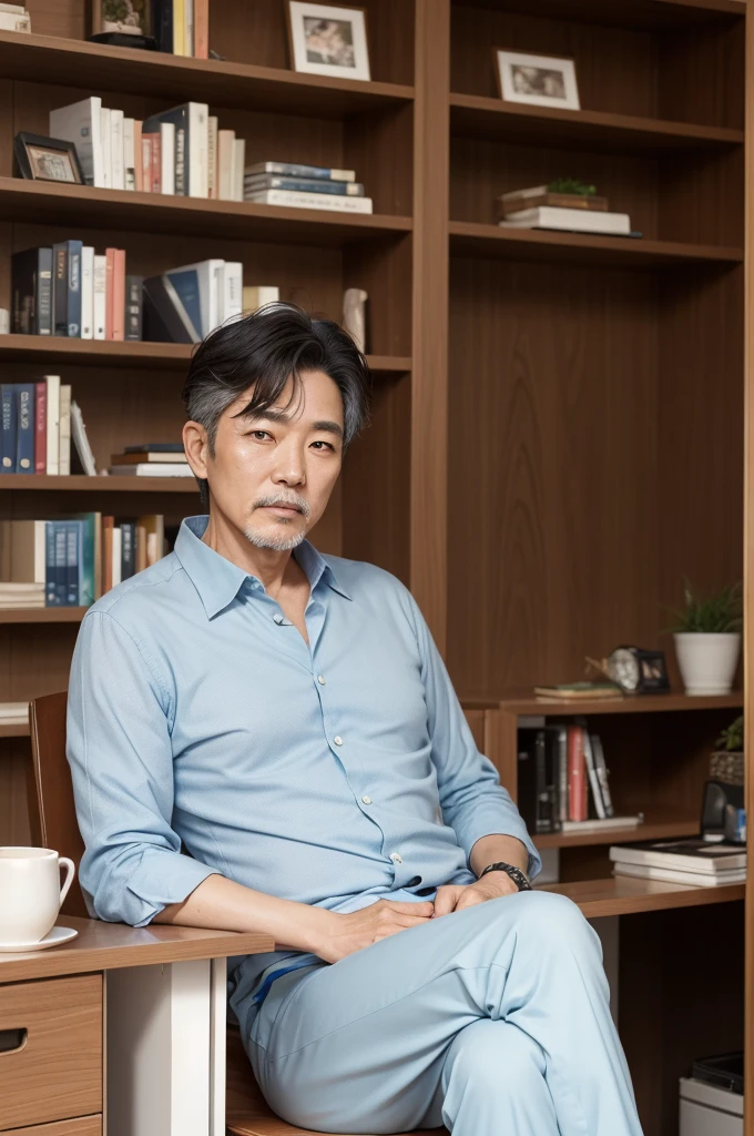 Image of an ultra realistic 55 year old South Korean man with a wiser face in the scene sitting in the office at home with a bookshelf with books and plants behind