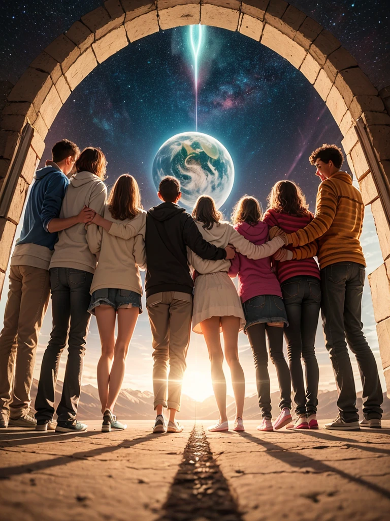 This image explores spiritual awareness

through the concepts of freedom, equality,

and human dignity, incorporating diverse

elements by including aliens: Diverse

Individuals: People from various ethnicities

and backgrounds stand side by side in a

unified, spiritually connected manner. Aliens

from Other Planets: Aliens are included to

represent the diversity of life in the universe

and the broader scope of unity. Freedom: Both

people and aliens are shown opening doors to

the sky or radiating light from their hearts,

symbolizing freedom in exploring identity and

expression. Equality: Everyone, including

aliens, displays equality and cooperation,

such as holding hands or standing together in

a unified stance. Human Dignity: Emphasizes

respect and love for oneself and others,

highlighting the importance of mental,

physical, and spiritual aspects, including

exchanges of smiles and mutual respect. The

image reflects spiritual awareness and the

embrace of diversity, featuring both human

and alien life forms, with a focus on respect

and connection on a universal level.