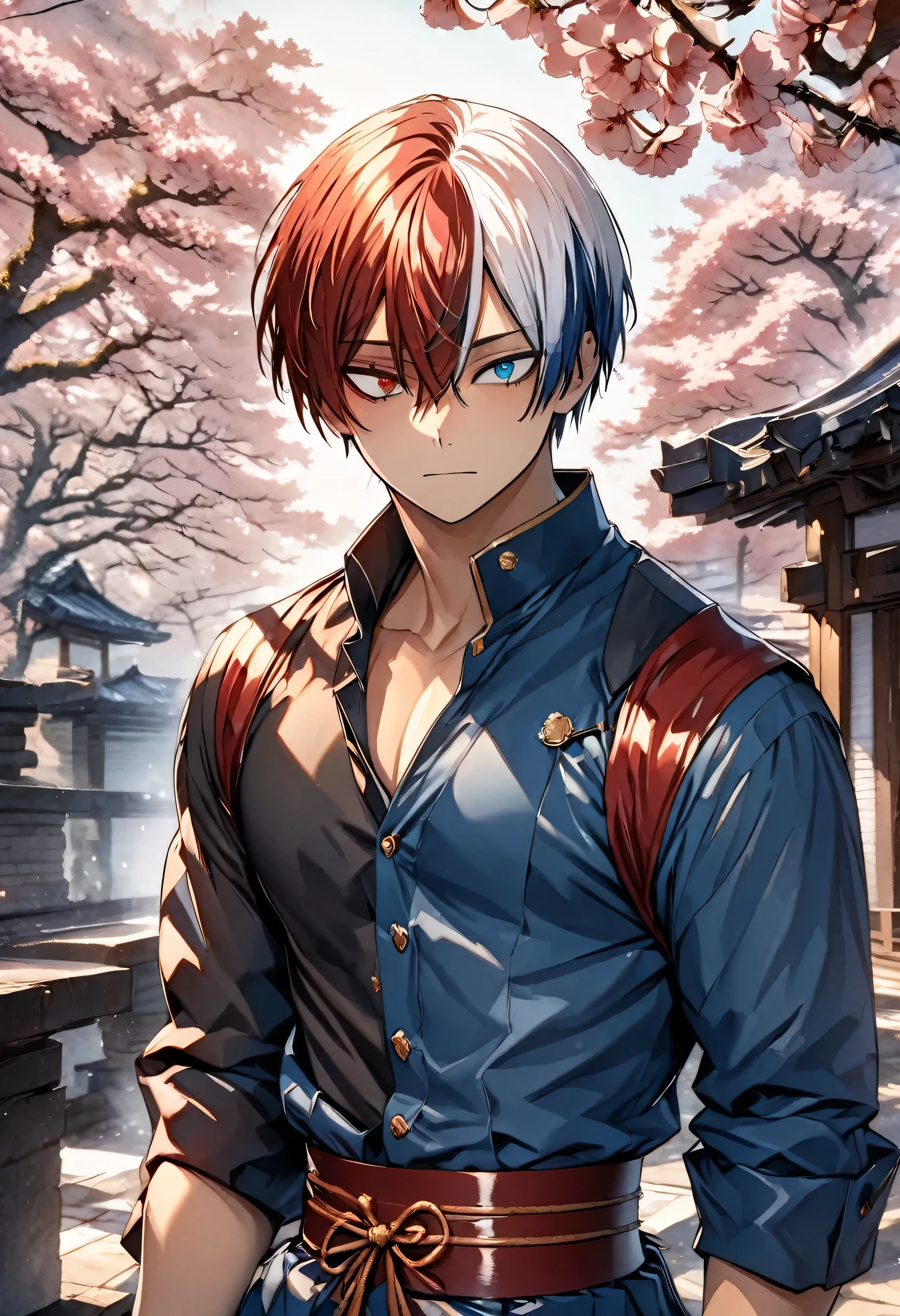 ultra detaild, high resolution, absurderes, HDR, work of art, Todoroki Shouto, two-tone hair, right side is white, left side is red, heterochromia, right eye is gray, The left eye is blue, boku no hero academia, fancy, bonitas, sexy man, standing alone, best qualityer, flowers, blue clothing.