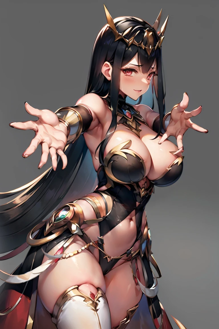 ((((((outstretched hands, out stretched fingers, outstretched arms)))))) black hair, bare shoulder, red eyes, very long hair, cleavage, large breasts, dress, showgirl skirt, high-leg, cleavage cutout, tiara, bare thighs, gauntlets, bare shoulder, spread fingers, bare fingers, bare hands, good hands, best hands, Correctly aligned fingers, extremely detailed hands and fingers, ultra detailed hands and fingers, super detailed hands and fingers, perfect hands and fingers, biologically accurate hands and fingers, (((4 fingers and 1 thumb accurate hands and fingers))), beautiful hands and fingers, hands and fingers drawing, human hand and fingers, perfect arrangement of fingers, detail focus hands, detail focus fingers, perfection hands, better hands, adult face, fearless face, (((both arms, two arms, both hands, two hands))), super fine illustration, masterpiece, masterwork, by famous artist, official art, ultra high res, best quality, high quality, Hand, detailed, perfect, perfection , hands, both hands is Thumb and index finger and middle finger and ring finger and little finger, even hands, panties, thighhighs, symmetrical bangs, gleaming skin, oil skin, shiny skin, wet skin, sweat, rouge, exquisite, beautiful, extremely detailed cg unity 8k wall paper, perfect face, ultra detailed beautiful face, perfect nose, perfect mouth, clear eyes, light eyes, perfect eyes, symmetrical eyes, even eyes, 16k portrait, absurdres, perfect body, perfect anatomy, perfect proportion, perfect arms, perfect torso, symmetrical hands, symmetrical arms, open arms for viewer, extremely detailed cg, beautiful artwork, production art, ultra quality, high quality, finely detailed, insanely detailed, absolutely resolution, raw photo, fantastic, amazing, beautiful portrait of cute anime girls, hdr, very aesthetic, cinematic, super detailed skin, top quality, intricate, professional quality, highly detailed, crisp quality, sharp focus, rich contrast, extremely high resolution, realistic hands,