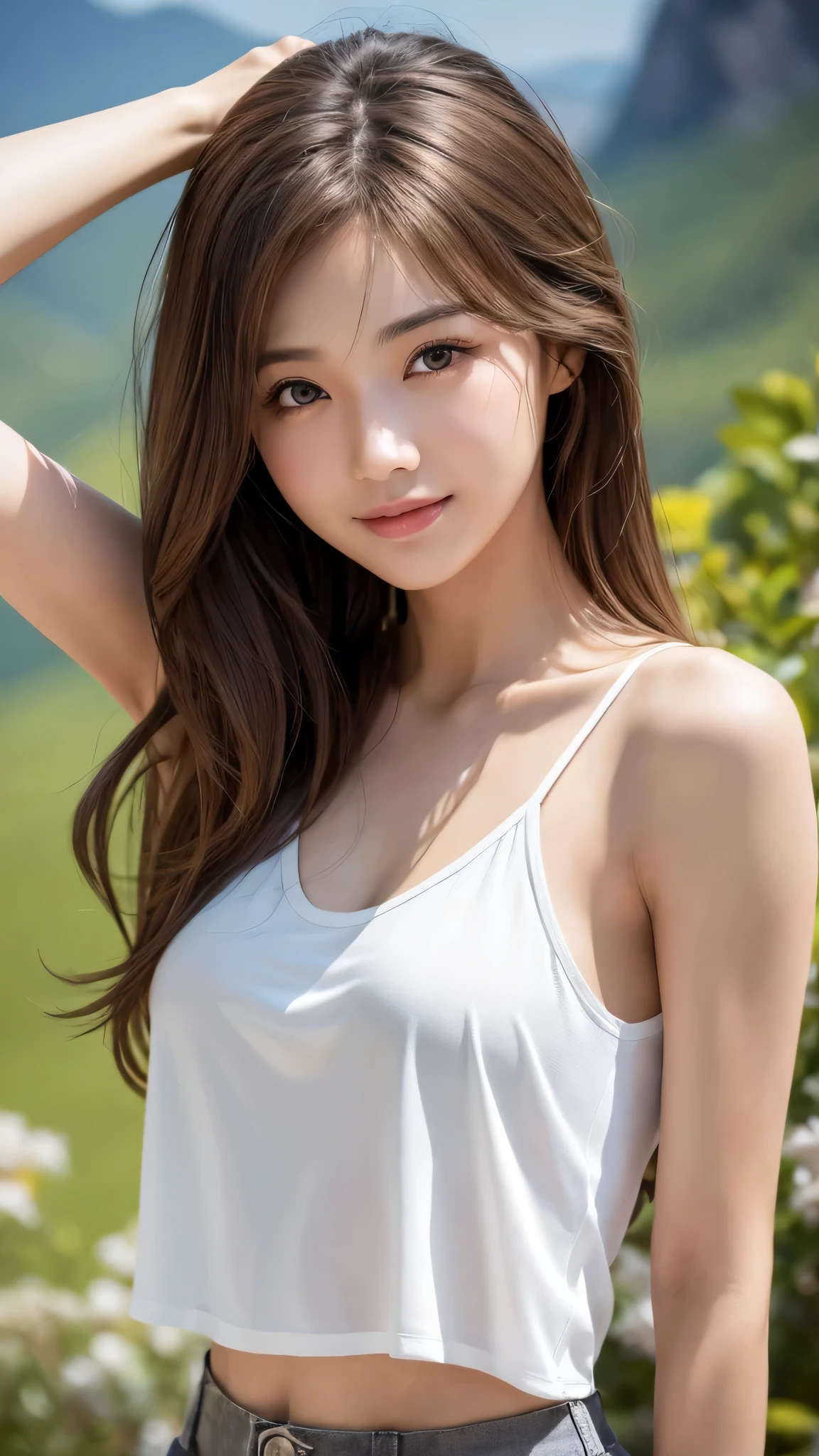 highest quality、genuine、Super detailed、finely、High resolution、8k wallpaper、one beautiful woman、、、light brown disheveled hair、wearing a white tank top、sharp focus、perfect dynamic composition、beautiful and detailed eyes、thin hair、Detailed genuine skin texture、smile、model body shape、In a mountain