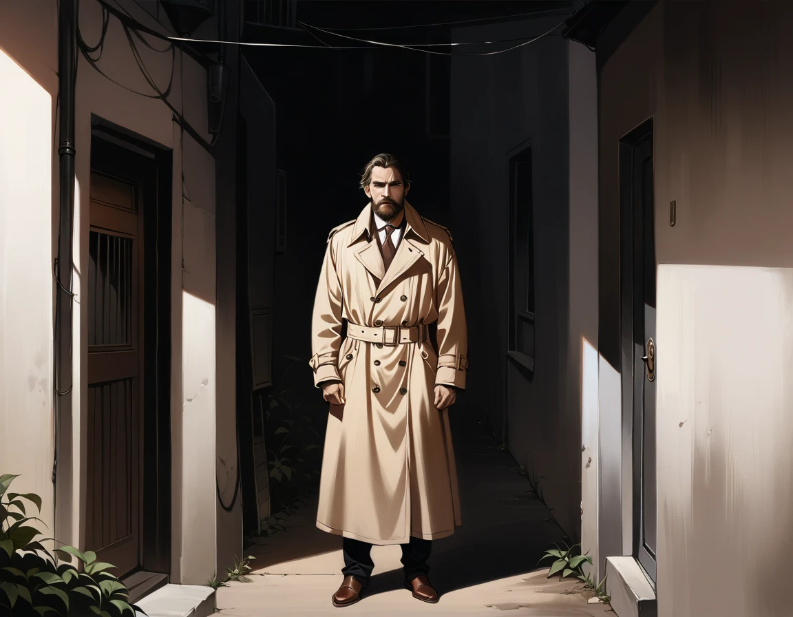 In a gritty, dimly-lit alleyway, a rugged middle-aged detective, sporting a scruffy beard and rumpled trench coat, stands tall, his worn eyes locked in a charged stare with the sultry femme fatale. Her porcelain skin glows like alabaster in the faint light, as she lets out a throaty laugh, sending a jolt through the air. The detective's flinched expression betrays his vulnerability, juxtaposed against the woman's effortless allure. A masterful study of contrasts, this image pulses with tension and desire, set against a backdrop of urban grime., masterpiece, Realistic, raw photo, incredibly absurd resolution, absolute resolution, super high resolution,16k