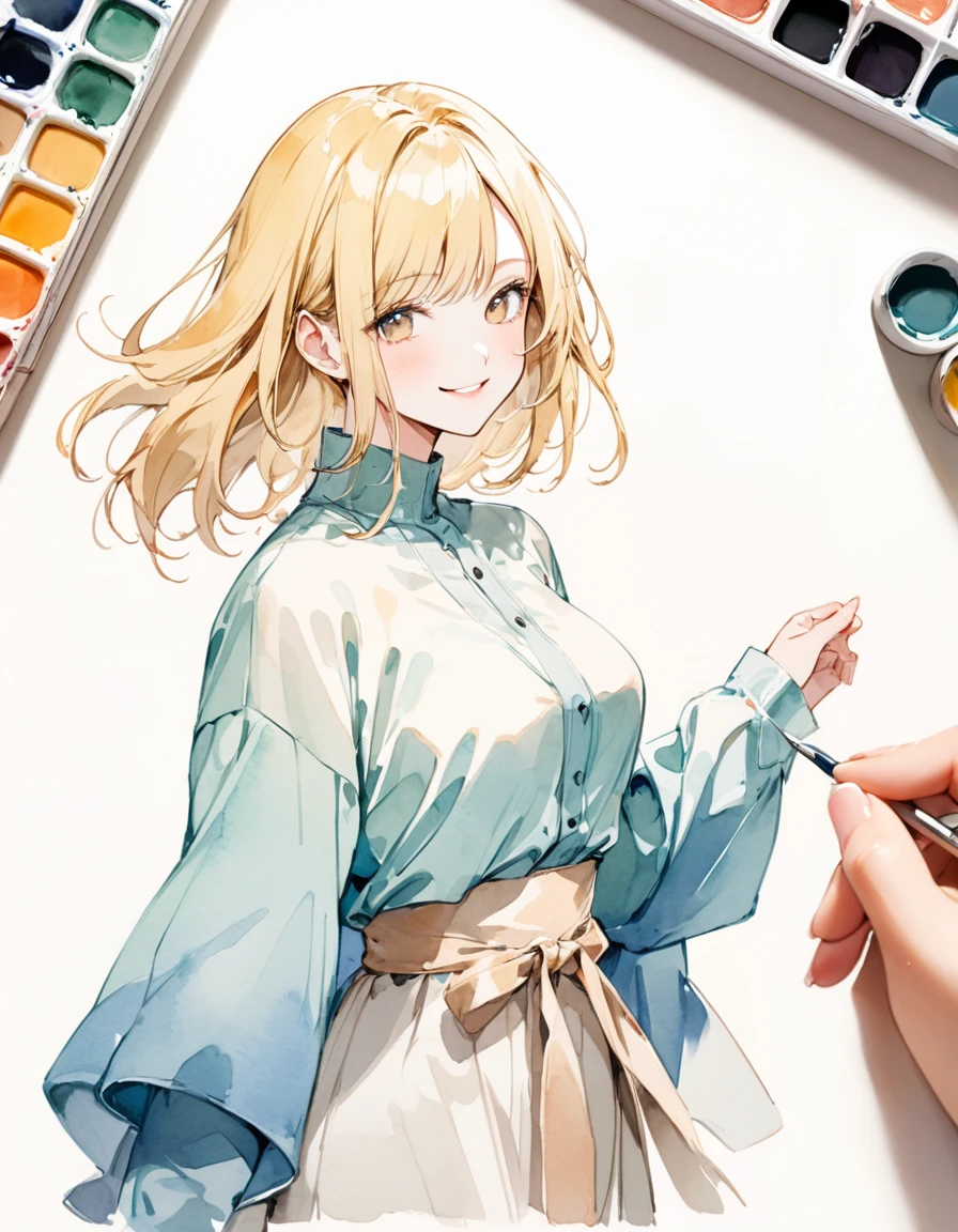 Body(Up to the waist)、smile、beautiful、woman、An illustration、watercolor style、Gentle design、Clearly a woman、Blonde、Cool clothes、Fashionable clothes、Solid white background、Facing forward
