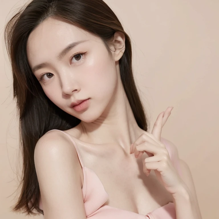 Gentle and lovely Chinese beauty, Exquisite and sexy clavicle, ,White and slender legs, charming oval face, Double eyelids, Bright peach blossom eyes, Pink lips, Small upturned nose, Bare shoulders, focused face, (whole body), Ultra HD, Super Detail, whole body照片, Ultra-thin and light-transmissive, optimal ratio: four fingers and one thumb, JK mini skirt