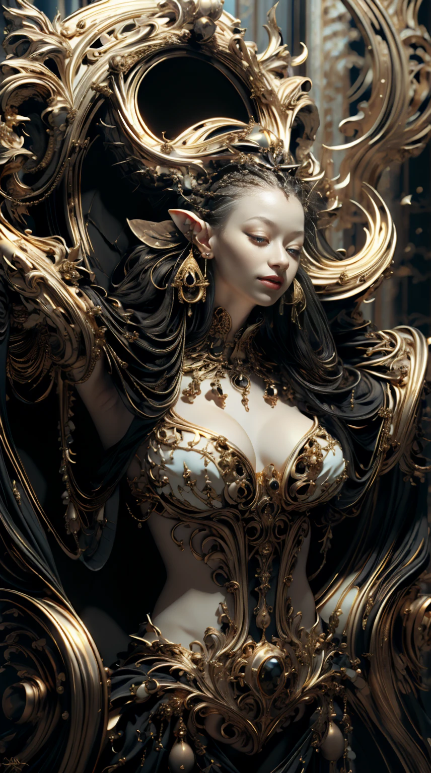 from below, low view shot, in the heart of a luxury world, a sexy young princess with a baroque style hairstyle, white hair, gold with black comb, ears with gold earrings, sexy metallic black with gold clothes, dark gothic, futuristic stage, elegant smile, luxury makeup. In a luxury mansion with gold and black details, with luxury lighting, sensual pose, 1 hand is holding a black gold goblet, create a baroque luxury atmosphere with black and gold. Good quality eyes, jet black eyes, ultra detailed, masterpiece, 4k, ray tracing, medium body, close-up, particles, sun rays
