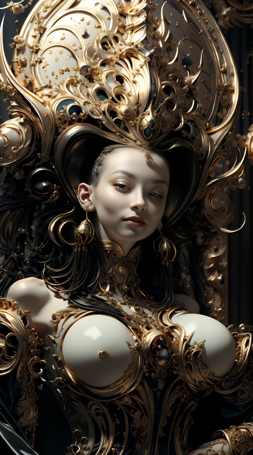 from below, low view shot, in the heart of a luxury world, a ???? young princess with a baroque style hairstyle, white hair, gold with black comb, ears with gold earrings, ???? metallic black with gold clothes, dark gothic, futuristic stage, elegant smile, luxury makeup. In a luxury mansion with gold and black details, with luxury lighting, sensual pose, 1 hand is holding a black gold goblet, create a baroque luxury atmosphere with black and gold. Good quality eyes, jet black eyes, ultra detailed, masterpiece, 4k, ray tracing, medium body, close-up, particles, sun rays