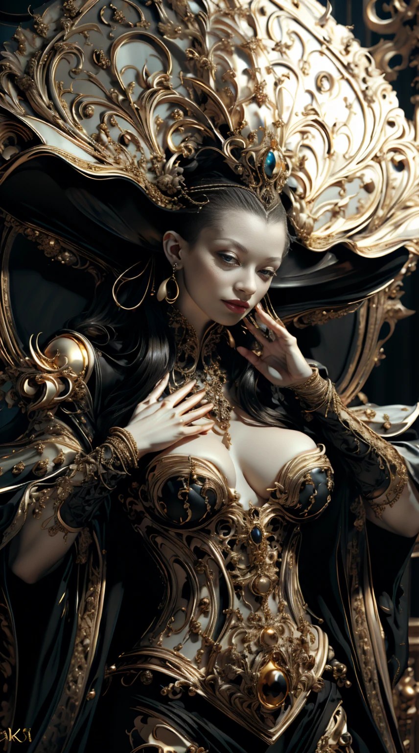 from below, low view shot, in the heart of a luxury world, a sexy young princess with a baroque style hairstyle, white hair, gold with black comb, ears with gold earrings, sexy metallic black with gold clothes, dark gothic, futuristic stage, elegant smile, luxury makeup. In a luxury mansion with gold and black details, with luxury lighting, sensual pose, 1 hand is holding a black gold goblet, create a baroque luxury atmosphere with black and gold. Good quality eyes, jet black eyes, ultra detailed, masterpiece, 4k, ray tracing, medium body, close-up, particles, sun rays