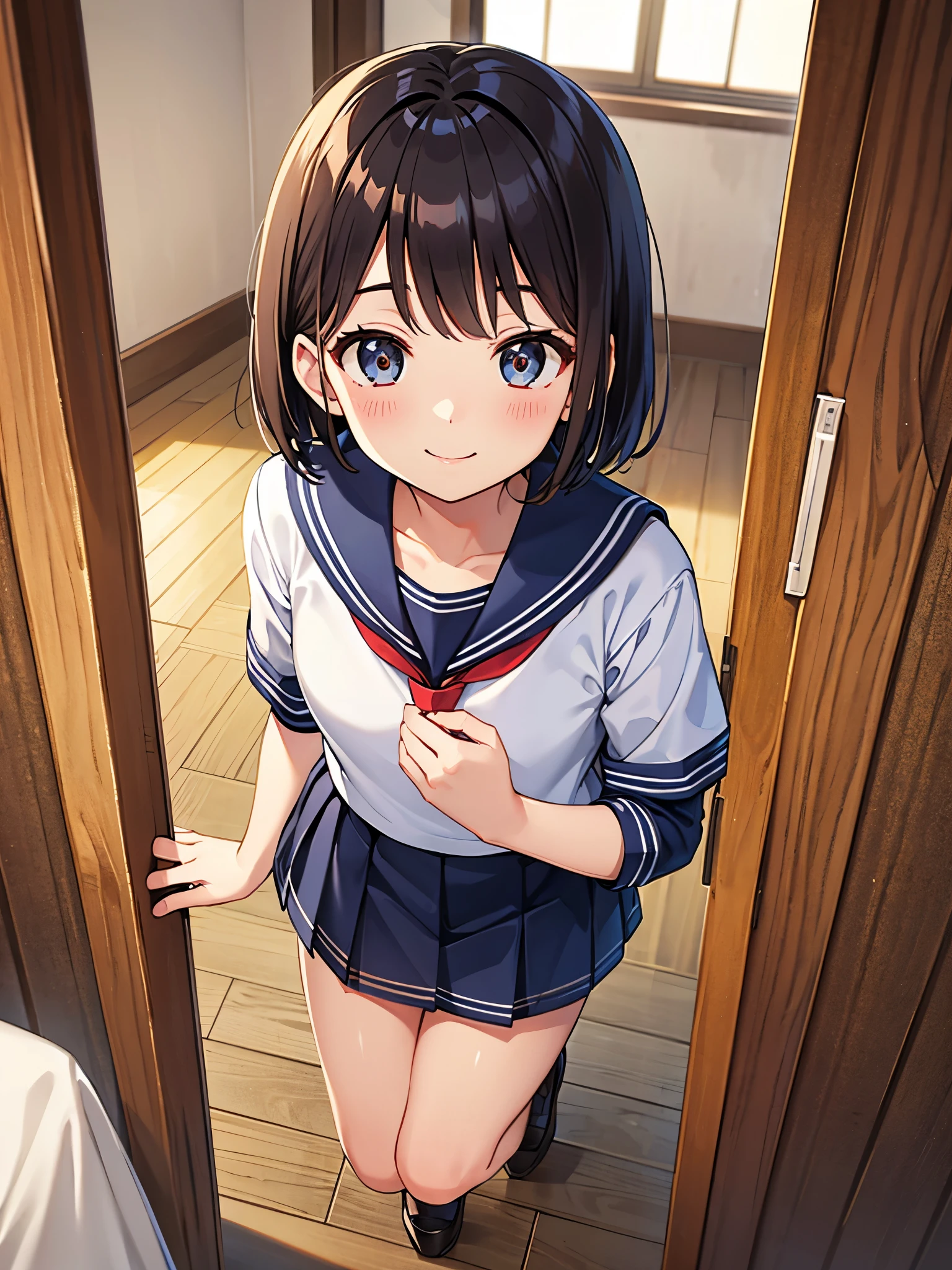 Highest quality、high resolution、Every detail、Short Hair、Sailor suit、indoor、whole body、younger sister、One person、smile、entrance