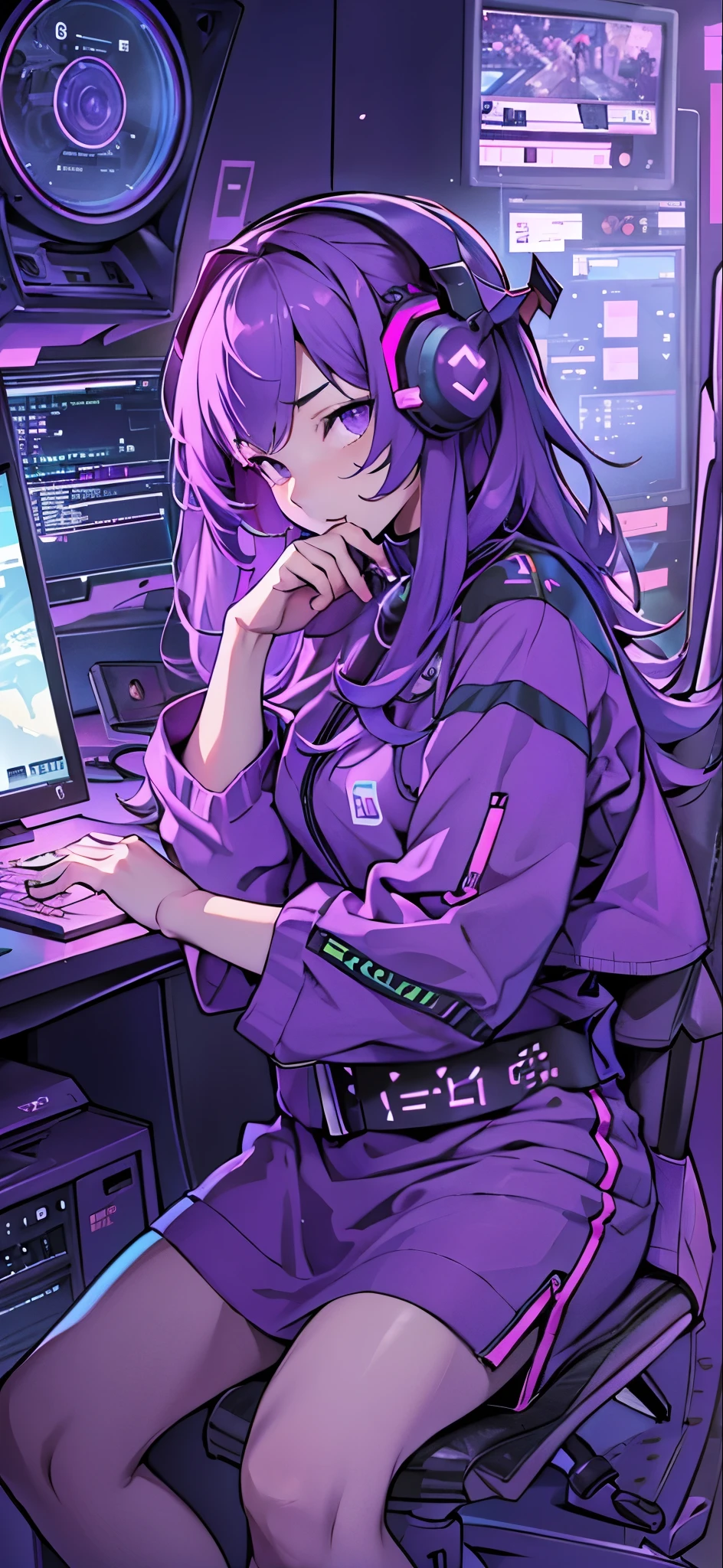 Imagine a MBTI logician、A woman in purple clothes playing video games on a powerful computer in her room。Cyber chic, stylish and cool。