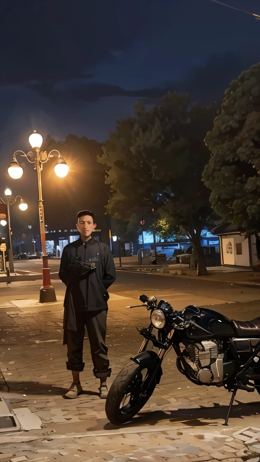 masterpiece, ultra detailed, 4K, young man with his cafe racer stopped by at side street, under the street classic lamp