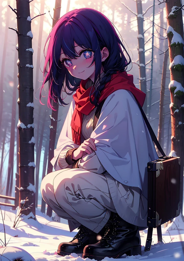 aihoshino, Ai Hoshino, Long Hair, bangs, (Purple eyes:1.1), Purple Hair, (Symbol-shaped pupil:1.5), smile,,smile,blush,white breath,
Open your mouth,snow,Ground bonfire, Outdoor, boots, snowing, From the side, wood, suitcase, Cape, Blurred, , forest, White handbag, nature, Squat, Mouth closed, Cape, winter, Written boundary depth, Black shoes, red Cape break looking at viewer, Upper Body, whole body, break Outdoor, forest, nature, break (masterpiece:1.2), Highest quality, High resolution, unity 8k wallpaper, (shape:0.8), (Beautiful and beautiful eyes:1.6), Highly detailed face, Perfect lighting, Highly detailed CG, (Perfect hands, Perfect Anatomy),
